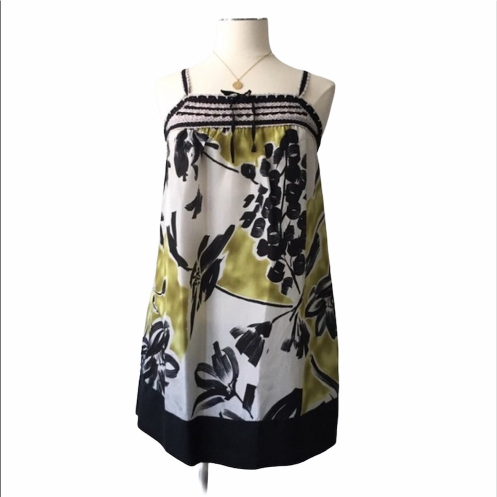 BCBGMAXAZRIA Silk Floral Print Crochet Mini Dress Green Black Cream Sz XS